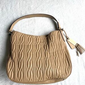 Good Cond Lauren Ralph Lauren Large 15x12 Tan/Beige Quilted Leather Shoulder Bag