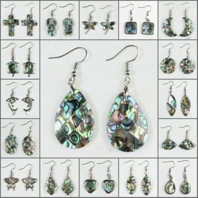 Natural Paua Abalone Shell Silver Hook Dangle Moon Cross Turtle Drop Earrings - Image 1 of 4