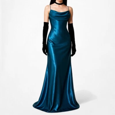 Vintage Blue Satin Babydoll Fit Flared Maxi Cocktail Prom Dress Size M Foto 1 de 4