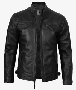 Men's Quilted Stylish Moto Biker Cafe Racer Real Black Sheepskin Leather Jacket - Picture 1 of 5