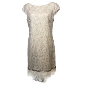 Kay Unger New York Gold Metallic Lace Sheath Dress Women Sz-12 Rinstone Feathers - Picture 1 of 11