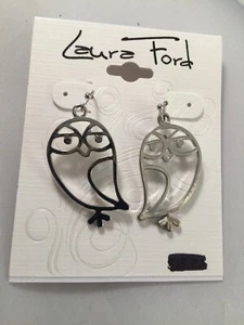 Laura Ford Owl Silvertone Hanging Earrings Cuttout - Picture 1 of 4