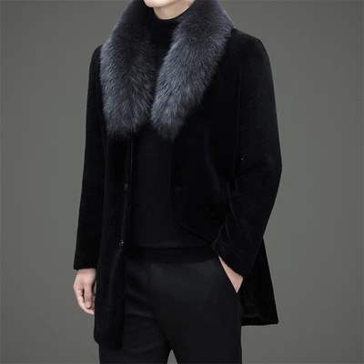 Winter Fur Coat Men's Wool Long Casual Warm Fox Fur Collar Thicken Down Jackets - Image 1 of 4