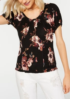 AMERICAN RAG Womens Black Floral Pouf Jewel Neck Evening Blouse XS - Image 1 of 3