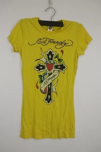 ED HARDY Yellow Graphic Print Short Sleeve Crew Neck Pullover Tunic Top Size S - Picture 1 of 14