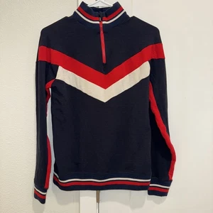 We Norweger Pullover Damen Gr. S Merinowolle Ski gestreift Saum rot blau 1/4 Reißverschluss - Bild 1 von 13