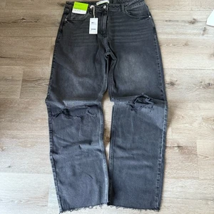 Next Straight Leg Jeans Dad Fit Mid Rise Grey Black Distressed New 16 - Picture 1 of 7