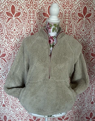 O’Neill Tan Sherpa 抓绒套衫小号 1/4 拉链泰迪夹克袋鼠口袋 — 第 1/4 张图片