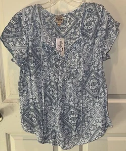NWT! Como Vintage Women's Size L Blue Paisley Patchwork Tie-Neck Short Sleeve - Picture 1 of 6