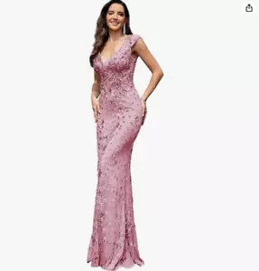 Sequin Double V-Neck Sleeveless Mermaid Long Evening Dress (Pink, L) - Picture 1 of 4