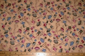 HOFFMAN Fabric - Tossed Sewing Notions on Tan - 27" REMNANT - Picture 1 of 1