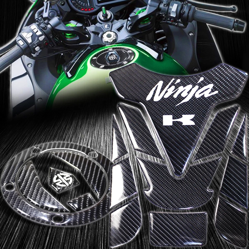 Almohadilla de tanque de gasolina de fibra de carbono real + protector de cubierta de tapa de combustible 15-20 Ninja H2/H2R/ZX-10R Foto 1 de 4