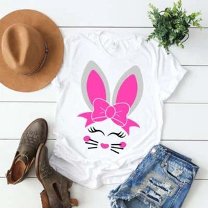 NEW! Cute Pink Easter Bunny with a Bow Baby Kids Adults Sizes Holiday T-shirts  - Picture 1 of 5