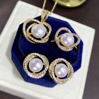 Gorgeous AAAAA  8-9mm south sea White stud pearl pendant &earring&ring set 925S