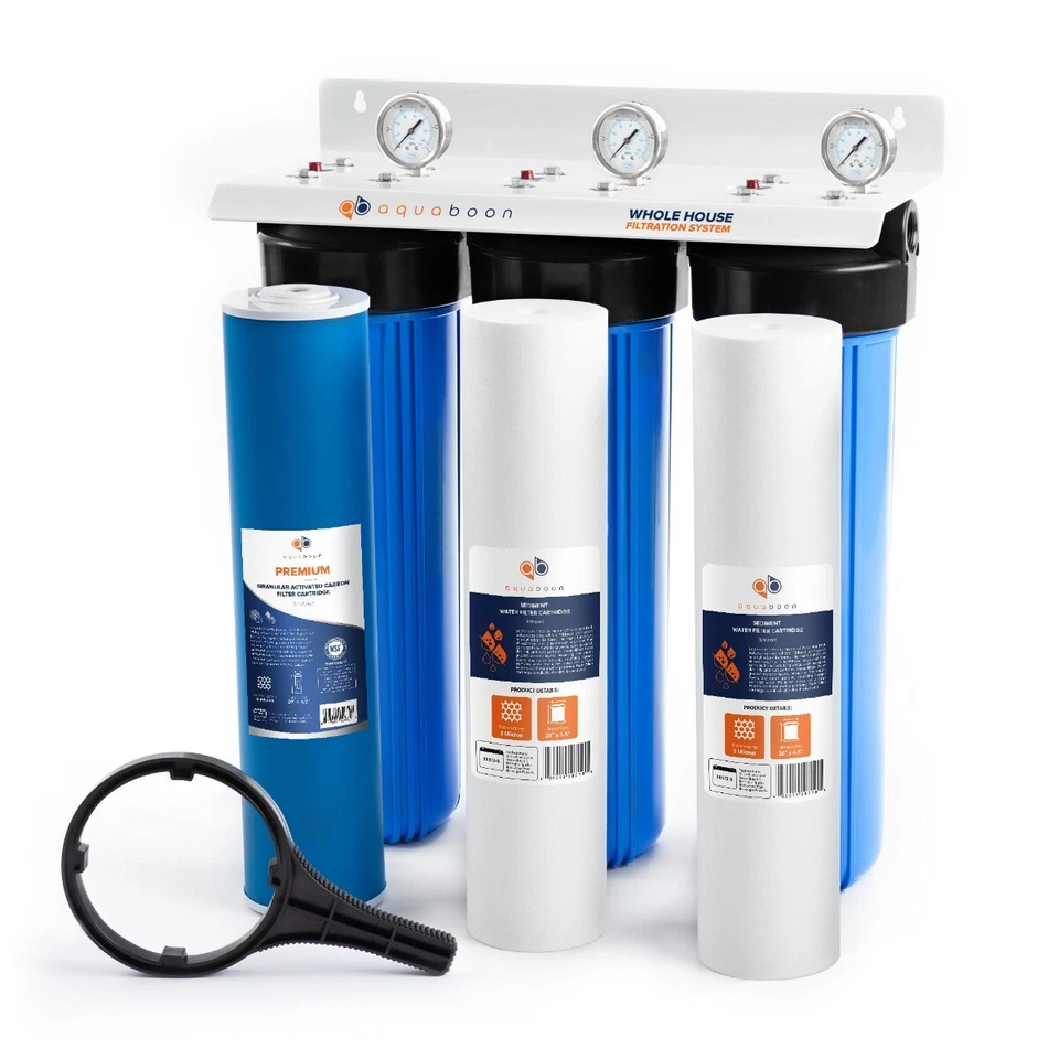 3-Stage Big Blue 20" Whole House System 1" Port+,GAC, 2 Sediment Filters,Gauge - Image 1 of 4