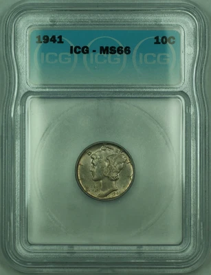 1941 Mercury Silver Dime 10c Coin ICG MS-66 Toned (C) - Image 1 of 2