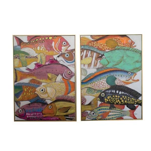 Coastal Bright Colorful Fish Set Two Hand Painted Gold Frame Oil Painting - Picture 1 of 2