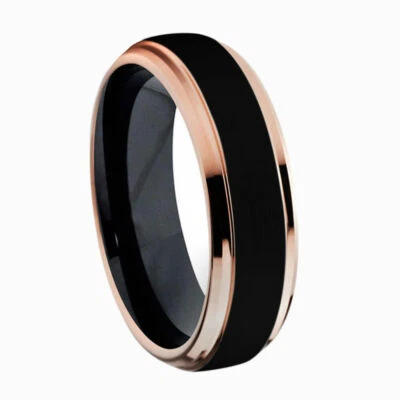 Anillo de alianza de boda negro y oro rosa titanio grabado láser de 6 mm para damas u hombres Foto 1 de 4