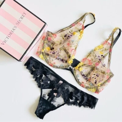34DD MEDIUM Victoria’s Secret Conjunto Sujetador Floral Negro Bordado Tanga Bragas Foto 1 de 4