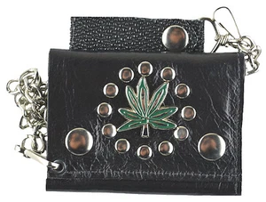 MM Men's Marijuana Ganja Leather Trifold Wallet Pocket Chain - Picture 1 of 2