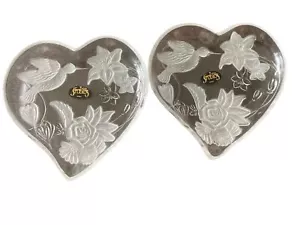 NIB CLEAR & FROSTED GLASS HUMMINGBIRD HEART- Shaped Dish Bowls Trinket Candy 6” - Picture 1 of 6