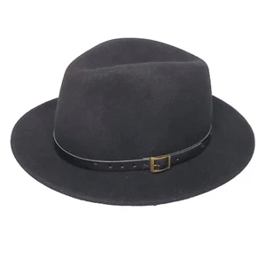 Black Wool Fedora Brim Hat Sz M 21.5" Belt Buckle Saks Fifth Avenue Italy - Picture 1 of 5