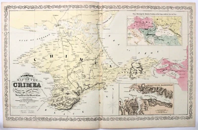 Mapa de plata de 1857 de Crimea carreteras militares puerto de Sebastopol litografía antigua Foto 1 de 3