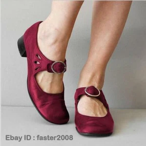 Women Round Toe Mary Janes Low Heel Buckle Pump Shoes Lady Comfort Loafers 34-43 - Picture 1 of 28