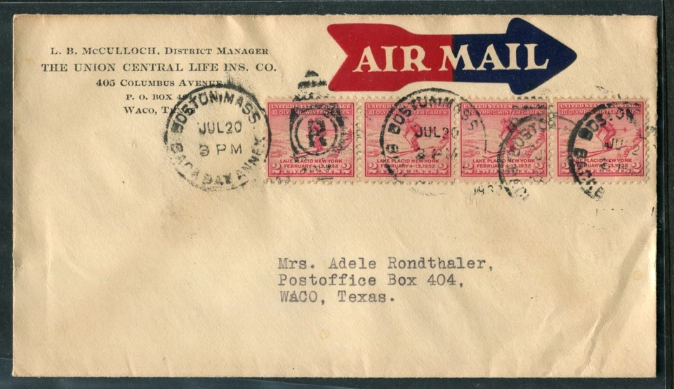 1932 Boston MA to Waco TX Air Mail Cover 4x 2c Winter Olympics Stamps 8c Rate - Image 1 of 1
