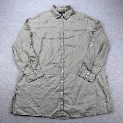Tahari 100% Linen Button Down Tunic Shirt Sz M Olive Longline Top Roll Tab - Image 1 of 4