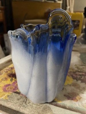 Пузырьковое художественное стекло носовой платок ваза белый синий и прозрачный - Изображение 1 из 4