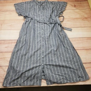 Uniqlo Kleid Damen extra groß grau gestreift Knopfleiste Gürtel Midi Leinen - Bild 1 von 10