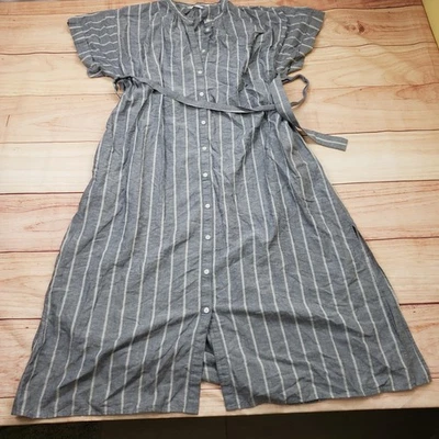 Uniqlo Dress Womens Extra Large Gray Striped Button Front Belted Midi Linen - Image 1 of 4
