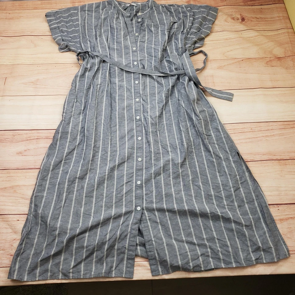 Uniqlo Dress Womens Extra Large Gray Striped Button Front Belted Midi Linen - Image 1 of 4