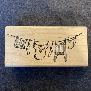 Vintage Clothes On A Line Wood Mounted Rubber Stamp - Picture 1 of 3