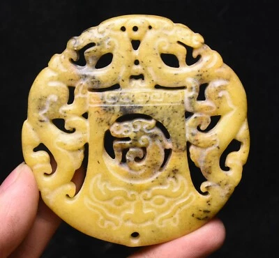 Colgante amuleto Yubi Yubi Yu Bi cara dragón jade amarillo cultura Hongshan de 2,5" Foto 1 de 4