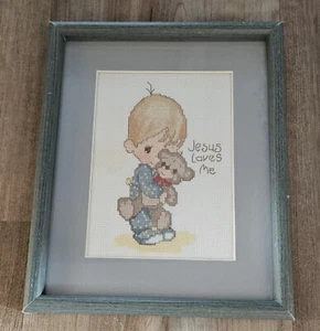 VTG Precious Moments Jesus Loves Me Cross Stitch. Little Boy w/Bear. 80s Framed  - Picture 1 of 8