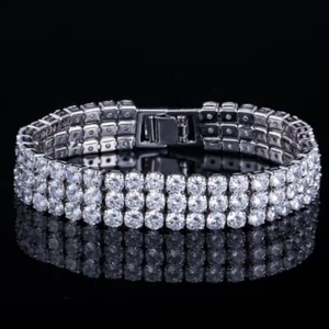9 ctw Round Cut Diamond 3 Row Tennis Women's Bracelet 14K White Gold Plated .925 - Picture 1 of 5