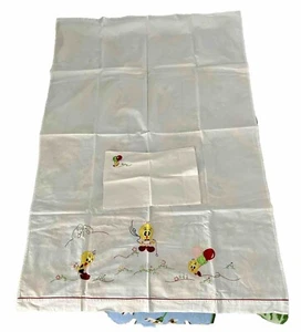 Vintage Baby Hand Embroidered Sheet Bed Cover and Pillowcase - Tweety Bird - Picture 1 of 1