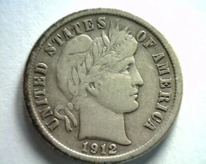 1912-D COOL REVERSE CUD IN WREATH BARBER DIME VERY FINE / EXTRA FINE VF/XF VF/XF - Picture 1 of 2