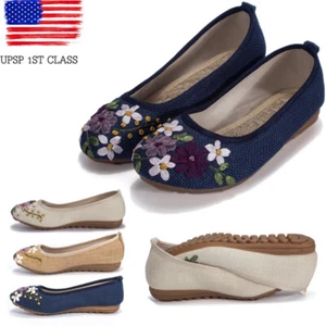 New Women Canvas Loafers Shoes Flats Embroidery Flower Casual Slip On Sneakers - Picture 1 of 14