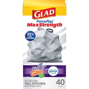 Glad Durable13 Gallon Tall Kitchen Drawstring Trash Bags Gain Lavender 40 Bags - Picture 1 of 12