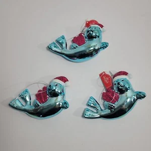 3 NEW Blue Seals with Gifts Christmas Ornaments - Picture 1 of 5