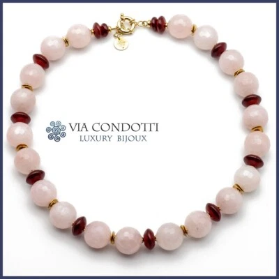 Collana Quarzo rosa e Corniola rossa pietre girocollo dure argento placcato oro - Immagine 1 di 4