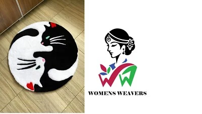 Women weaver Round Tufted Japanese Style Rug with Cute Cats in Yin Yang Shape - Image 1 of 4