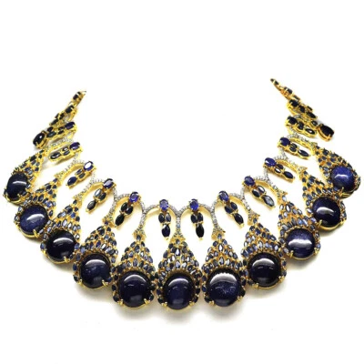 925 Sterling Silver Blue Sapphire Two Tone Necklace 20" 18K Gold Plated - Image 1 of 4
