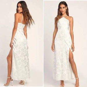 Lulus White Satin Maxi Dress Palm Tropical Long Womens Medium Wedding Bacheloret - Picture 1 of 13