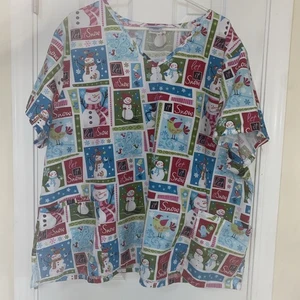 SB Scrubs Women's Scrub Top 3XL Blue Let It Snow Snowman V-Neck Pockets Winter - Picture 1 of 5