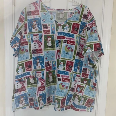 SB Scrubs Women's Scrub Top 3XL Blue Let It Snow Snowman V-Neck Pockets Winter - Image 1 of 4