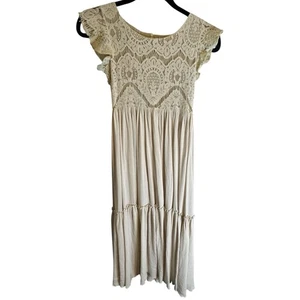 Mia Joy Macy Maxi Tiered Dress Sz 10 Cream Beige Flutter Lace Sleeve Bodice Boho - Picture 1 of 9